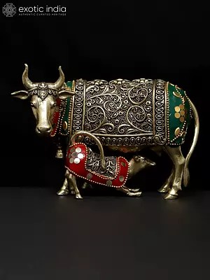 6" Small Superfine Cow and Calf Statue in Brass | Handmade | Made In India