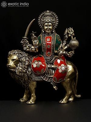 6" Small Superfine Goddess Durga (Sherawali Maa) | Brass Statue with Inlay Work