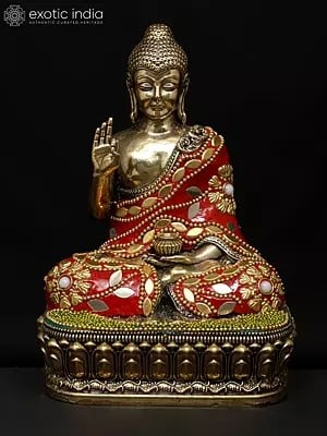 6'' Small Superfine Sitting Lord Buddha in Vitark Mudra | Brass Statue with Inlay Work