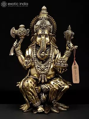 10" Superfine Four Armed Blessing Lord Ganesha Seated on Lotus | Brass Statue