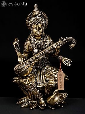 10" Four Armed Devi Saraswati Playing Veena | Brass Statue