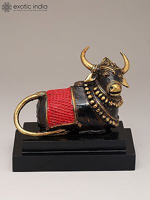 7" Nandi on Wood Base | Dhokra Art | Brass Statue