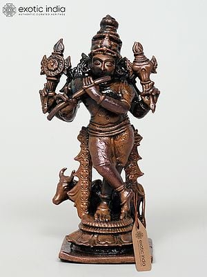 Small Copper Statue Shri Krishna Playing Flute
