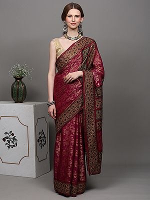 Festival-Fuchsia Designer Saree with Heavy Thread-Sequins Embroidered Flowers and Zari Work