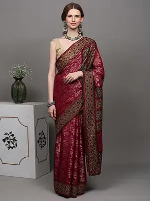 Festival-Fuchsia Designer Saree with Heavy Thread-Sequins Embroidered Flowers and Zari Work