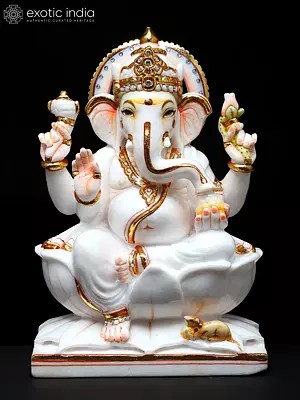 12" Lord Ganesha Seated on Lotus | Handmade | White Marble Ganesh Statue | Ganpati Statue | Ganesh Sculpture | Ganesh Murti | Vinayak