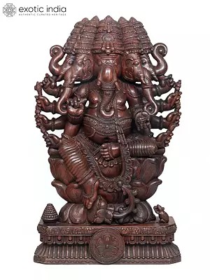 Huge Wooden Pancha-Mukhi Lord Ganesha Sculpture