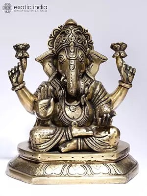 8" Chaturbhuja Blessing Lord Ganesha | Brass Statue