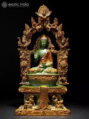 15" Lord Buddha in Abhaya Mudra Seated on Ornamented Throne | Brass Statue