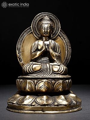 7" Lord Buddha Seated on Lotus Pedestal in Dharmachakra Mudra | Brass Statue