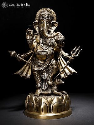 15" Standing Four Armed Lord Ganesha | Brass Statue