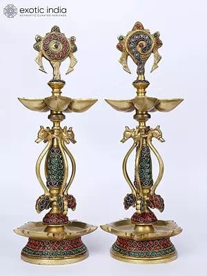 15" Pair of Shankh Chakra Lamps in Brass with Inlay Work