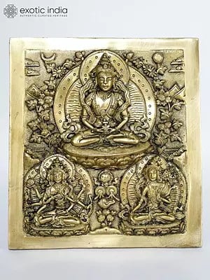 7" Tibetan Buddhist Deity - Usnisavijaya, Buddha and Tara | Brass Frame Wall Decor