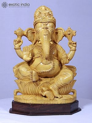 22" Blessing Lord Ganesha Statue Seated On Lotus | Handmade | Wooden Sculpture