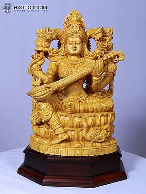 24" Goddess Saraswati Wood Statue | Handmade | Wooden Goddess Statue