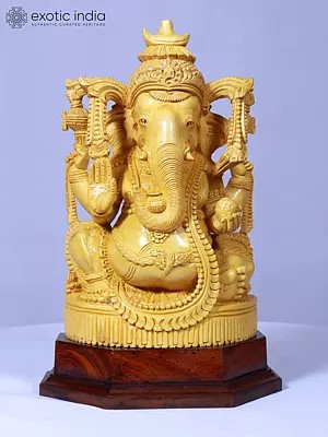 14" Lord Ganesha Seated On Pedstal Statue | Handmade | Wooden Sculpture