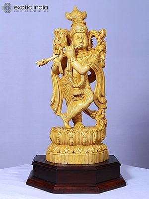 28" Standing Lord Krishna Playing Flute Statue | Handmade Idol | Wooden Sculpture