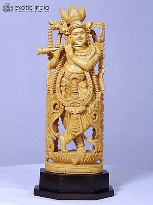 21" Ajanta Krishna Playing Flute Standing Statue | Handmade Idol | Wooden Sculpture