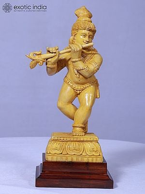 12" Bal Krishna Playing Flute Statue | Handmade Idol | Wooden Sculpture