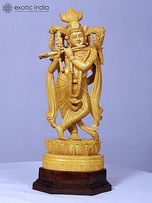 21" Wooden Lord Krishna Playing Flute Statue | Handmade Krishna Idol