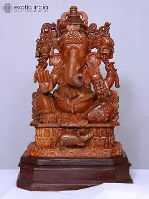 20" Lord Ganesha Seating On Pedstal Jackwood Statue | Handmade | Figurine For Temple