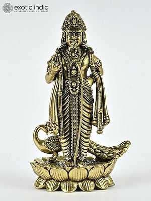 4" Small Superfine Standing Lord Karttikeya with Peacock | Brass Statue