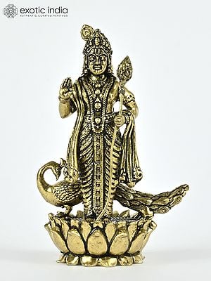 2" Small Lord Karttikeya Standing on Lotus with Peacock | Brass Statue