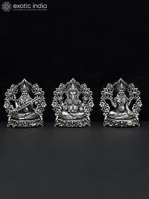 4" Small Superfine Lakshmi Ganesha Saraswati Brass Statues with Floral Prabhavali