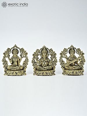 4" Small Superfine Lakshmi Ganesha Saraswati Brass Statues with Floral Prabhavali