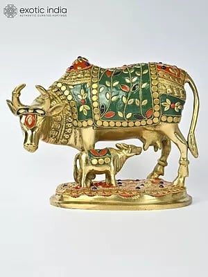 8" Brass Cow and Calf with Inlay Work