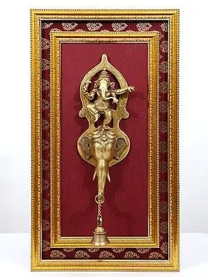 21" Ganesha Dancing on Elephant Bell | Wood Framed Brass Sculpture | Wall Hanging