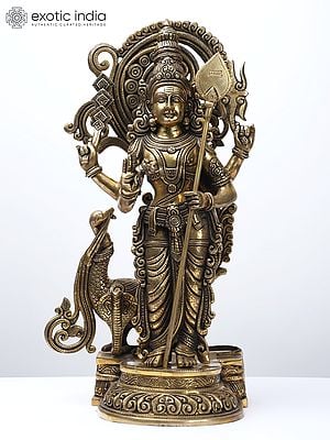 20" Fine Quality Four Armed Standing Lord Murugan with Peacock | Brass Statue