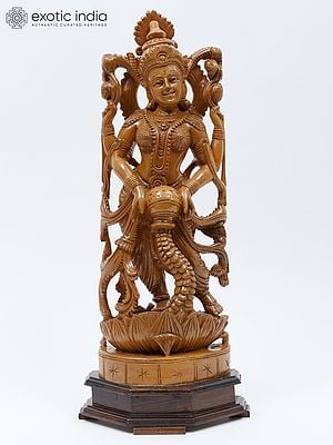 19" Goddess Lakshmi Showering Wealth | Wood Carved Statue