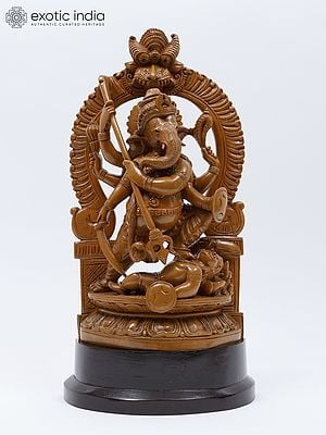 19" Lord Ganesha Killing a Demon | Wood Carved Statue