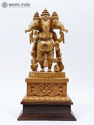 19" Standing Three Headed Lord Ganesha | Wood Carved Statue