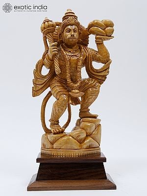 14" Lord Hanuman with Sanjeevani | Wood Carved Statue