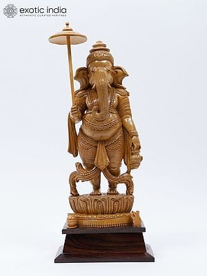 17" Umbrella Ganesha | Wood Carved Statue