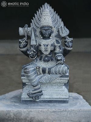 25" Four-Armed Goddess Mariamman in Seated Posture | Black Granite Stone Statue