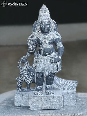 19" Lord Kartikeya in Blessing Posture with Peacock Vahana | Black Granite Stone Idol