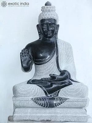 31" Large Meditative Lord Buddha Seated In Abhaya Mudra | Black Granite Stone Idol