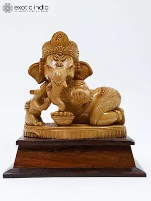 11" Bal Ganesha Eating Modak with Mushak | Wood Carved Statue