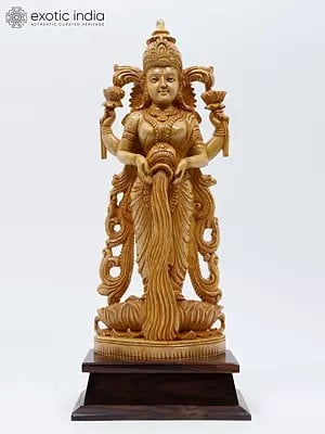 21" Standing Goddess Lakshmi Showering Wealth | Wood Carved Statue