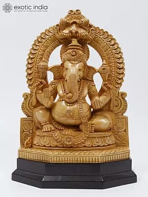 16" Chaturbhuja Blessing Lord Ganesha Seated on Kirtimukha Throne | Wood Carved Statue