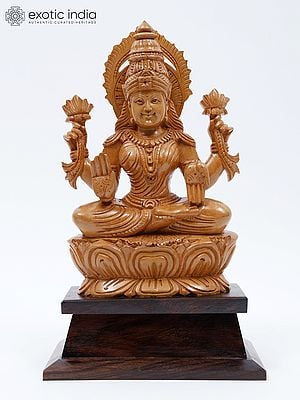 12" Blessing Goddess Lakshmi Seated on Lotus | Wood Carved Statue