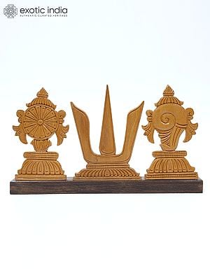 10" Vaishnava Symbols - Chakra, Tilak and Shankh | Wood Carved Statue