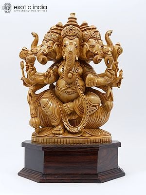 20" Ten Armed Panchamukhi Ganesha | Wood Carved Statue