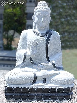 56" Large Statue of Blessing Lord Buddha Seated on Lotus Pedestal | Black Granite Stone Idol