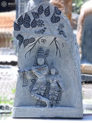 48" Large Statue Of Fluting Krishna With Radharani Under The Tree In Black Granite Stone