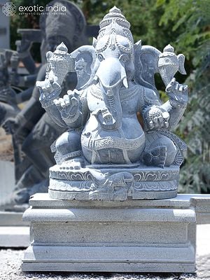 45" Large Idol of Chaturbhuja Lord Ganesha with Holding Laddu | Black Granite Stone Statue