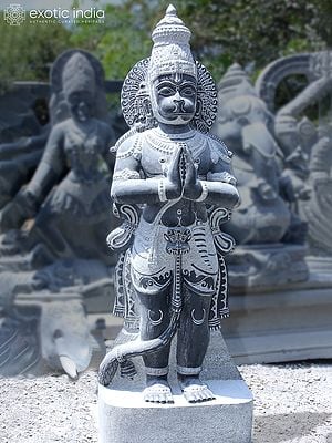 55" Large Statue Of Standing Lord Hanuman | Black Granite Stone Sculpture